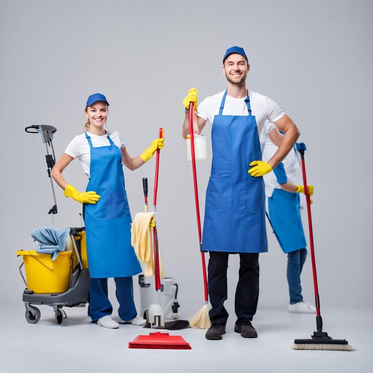 smiling janitorial team blue aprons with cleaning equipment 1128301 5001
