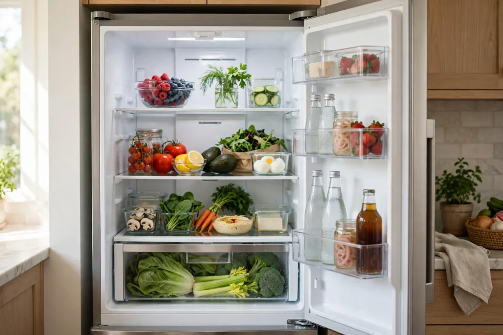 A bright, clean refrigerator with tidy shelves and fresh food.