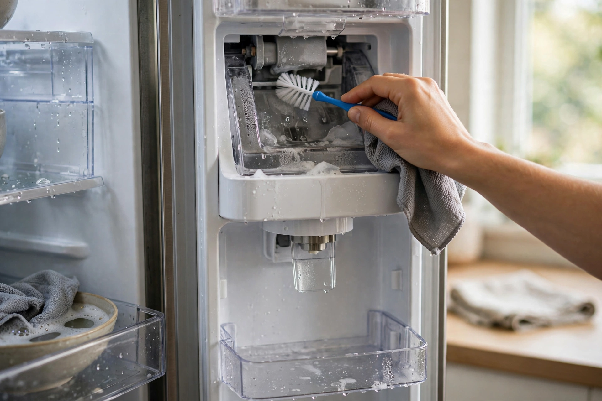 Cleaning the ice maker and water dispenser.