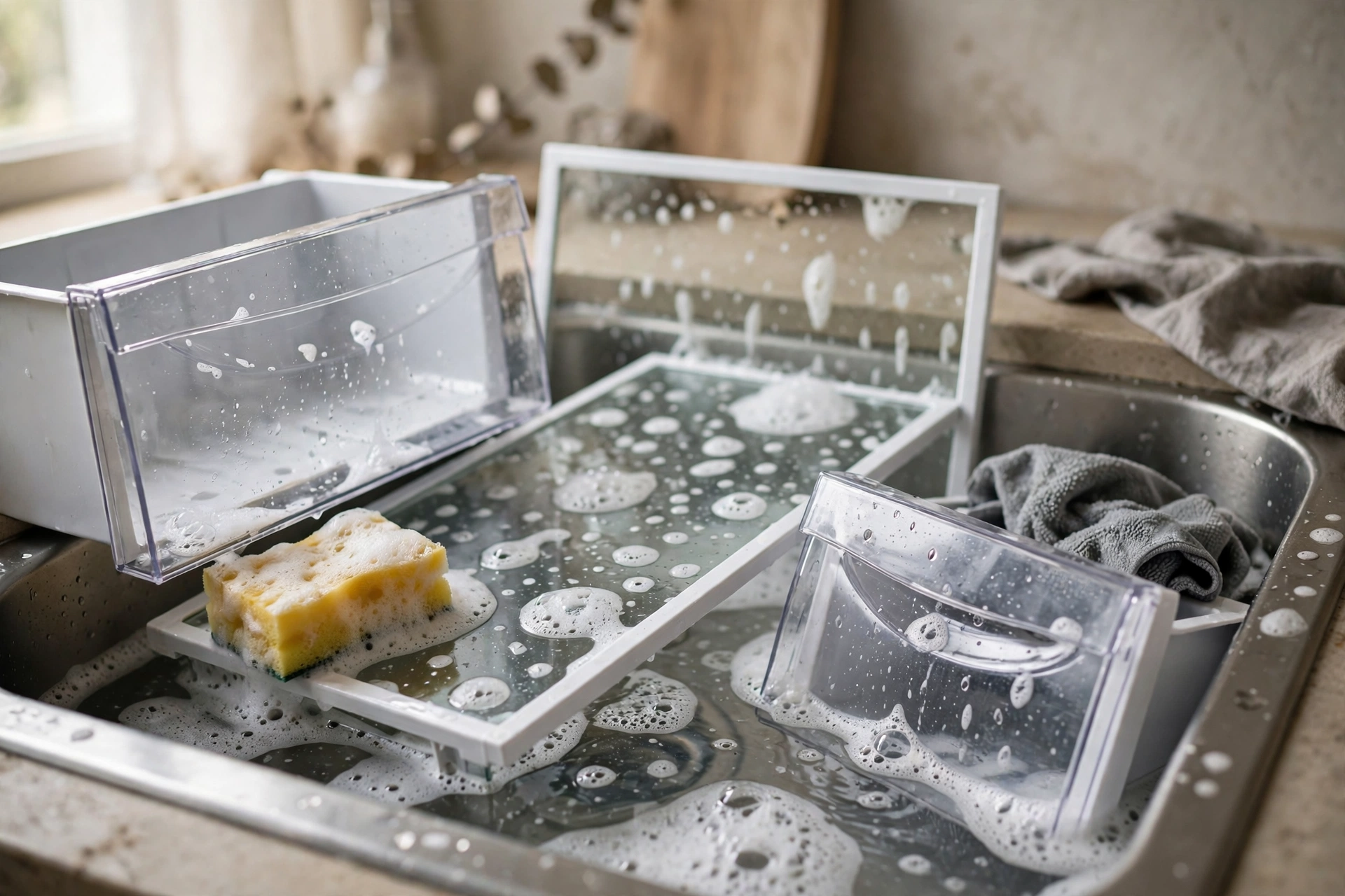 Washing shelves and drawers properly.