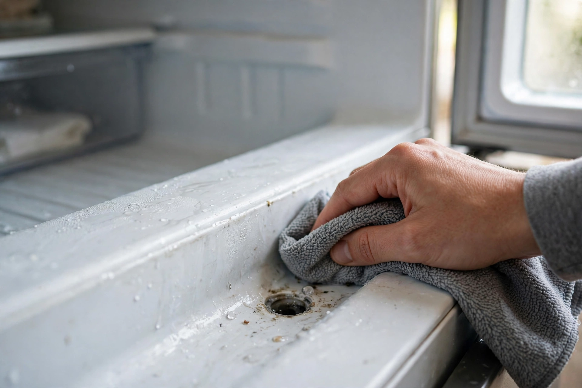 Wiping interior walls and the drain area.