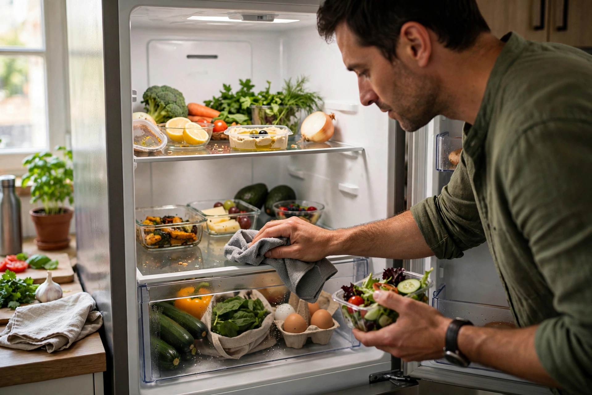Keeping a fridge clean with a weekly check.