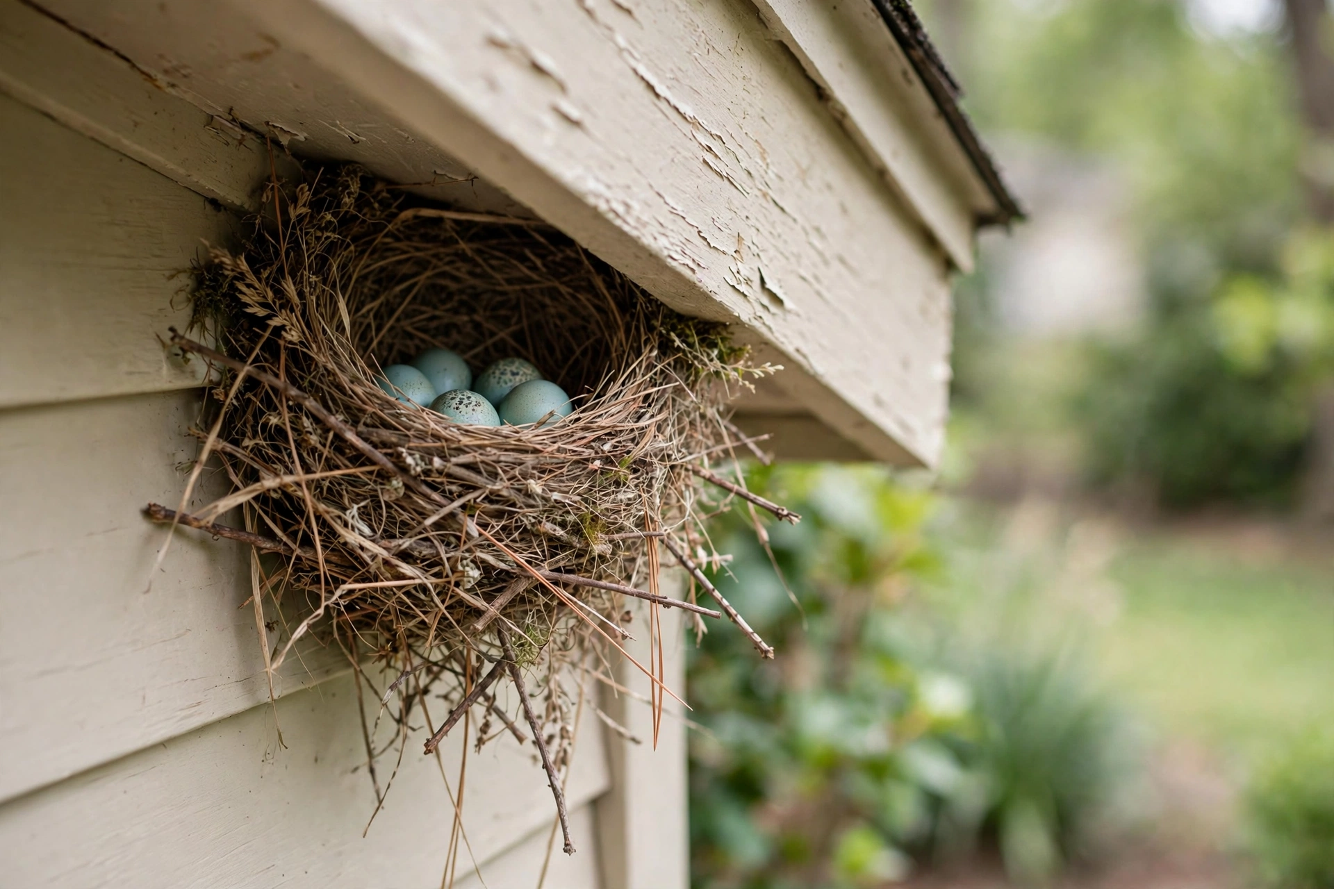 A house finch cup nest under a house eave with pale blue-green speckled eggs.