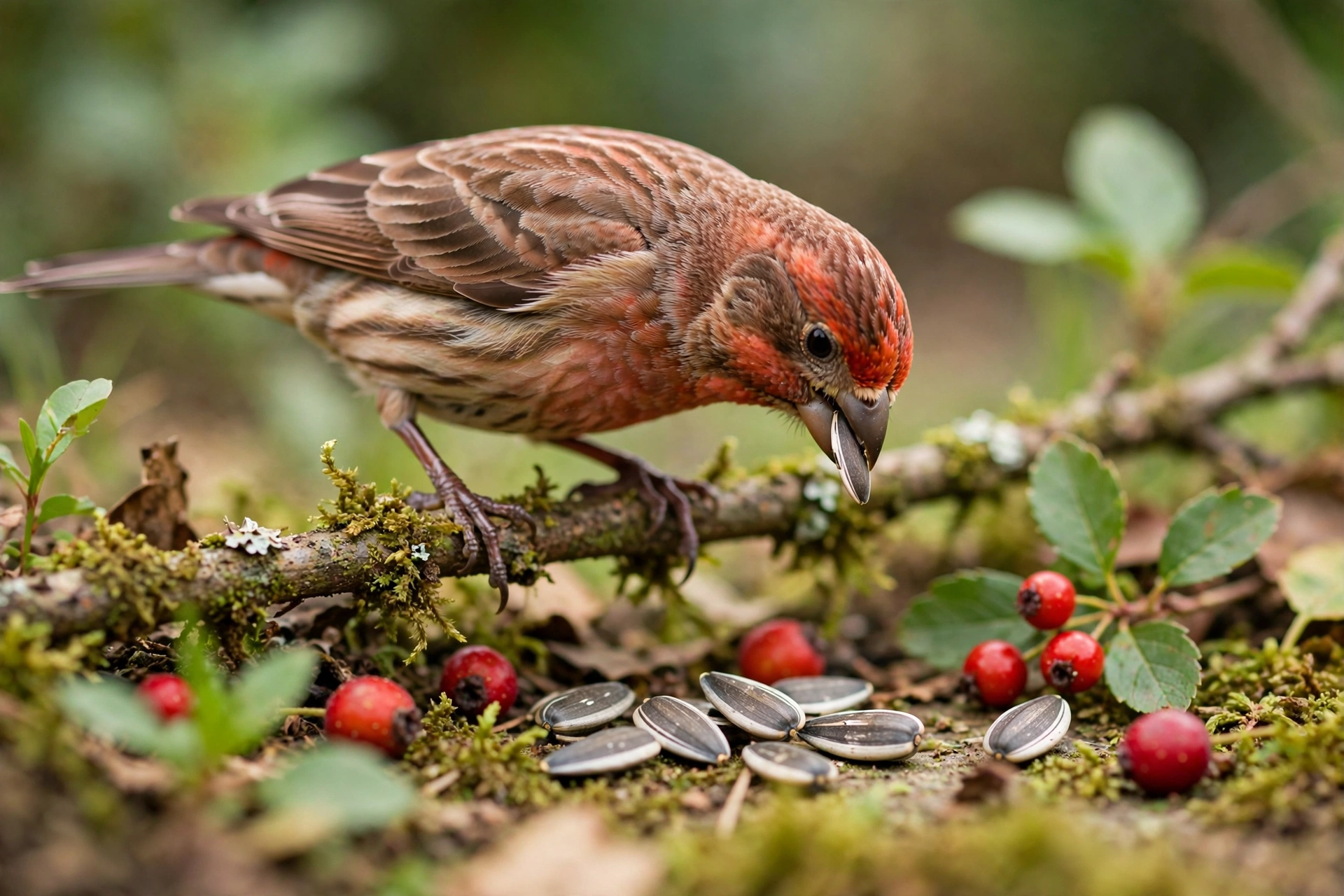 A house finch eating sunflower seeds with berries on the ground.