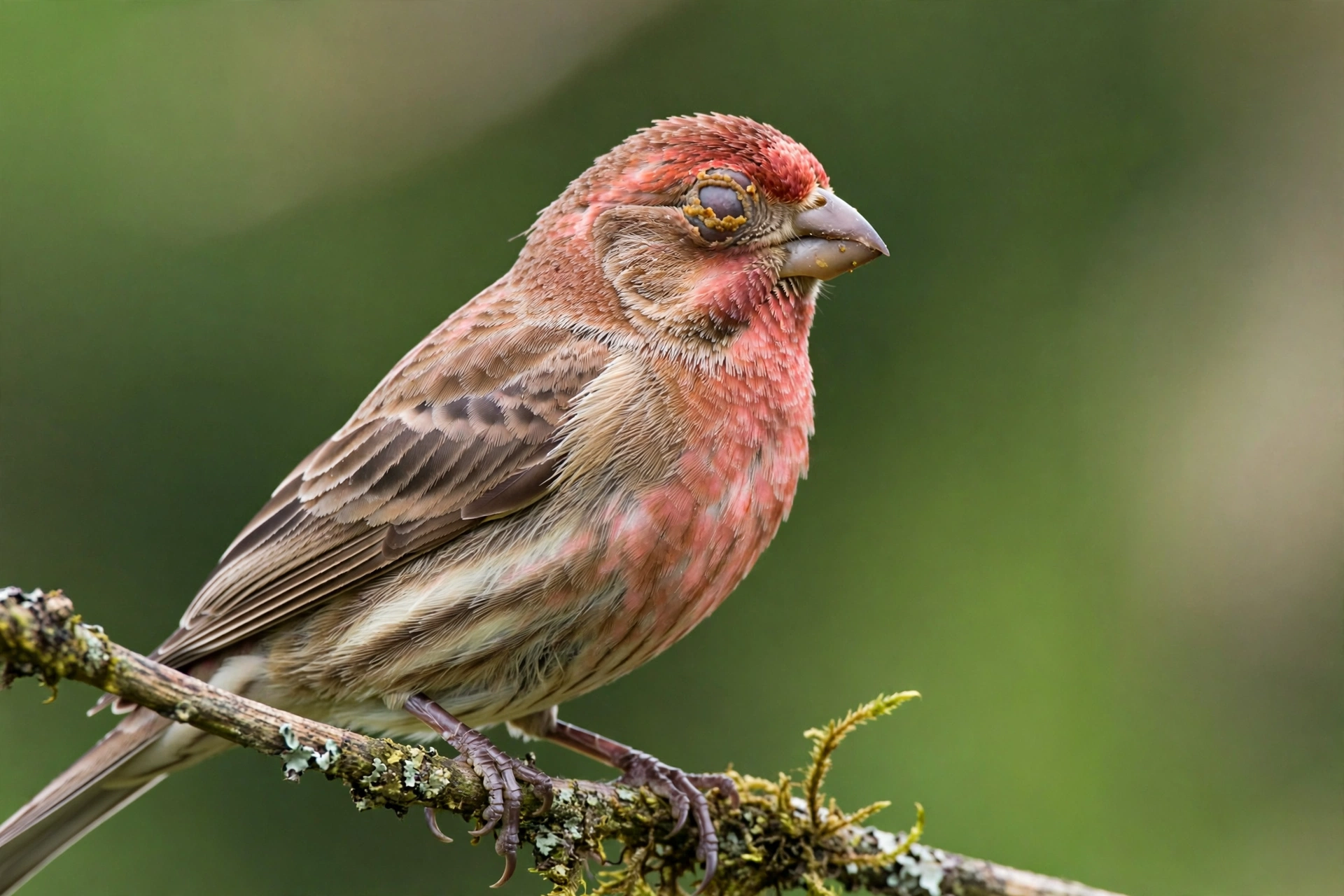 A house finch with a swollen crusty eye perched on a branch.