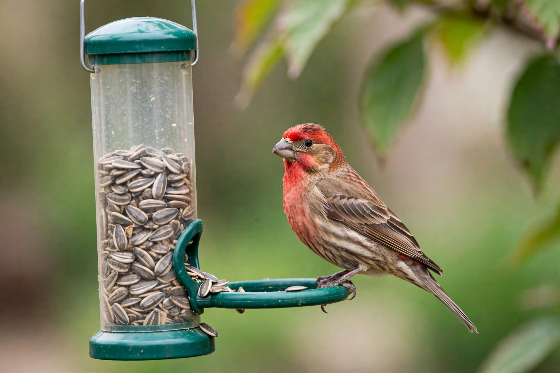 A male house finch perched at a tube feeder filled with sunflower seeds in a garden.