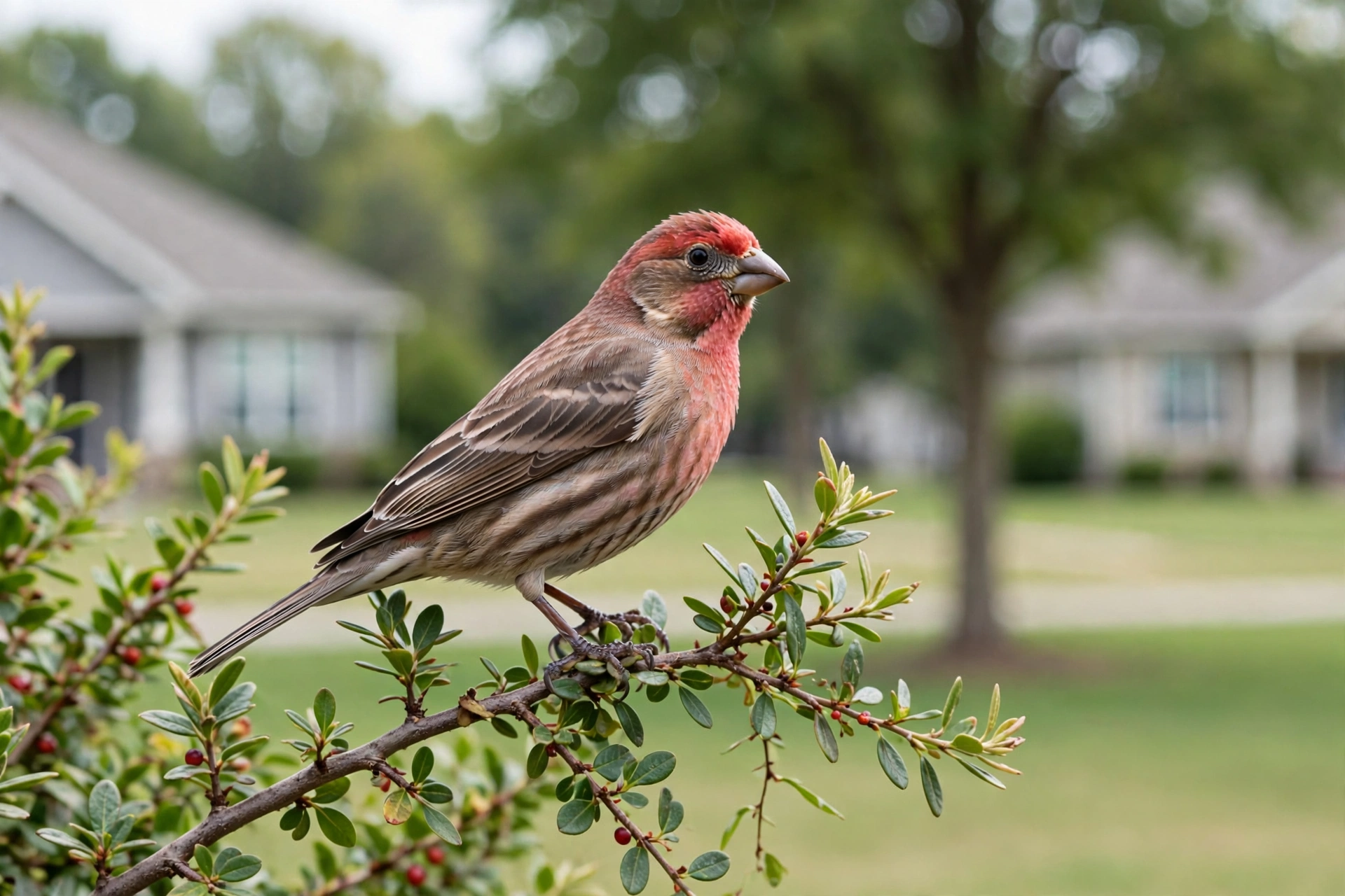 A house finch perched on a shrub branch in a suburban garden habitat.