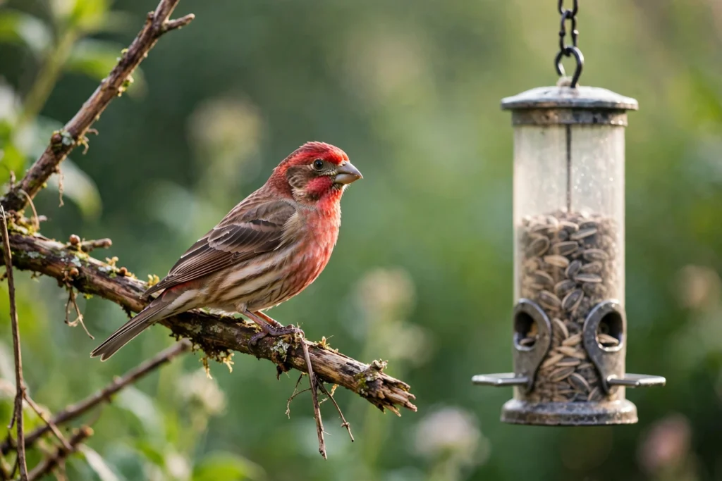 A male house finch with red head and breast perched on a branch near a garden feeder.