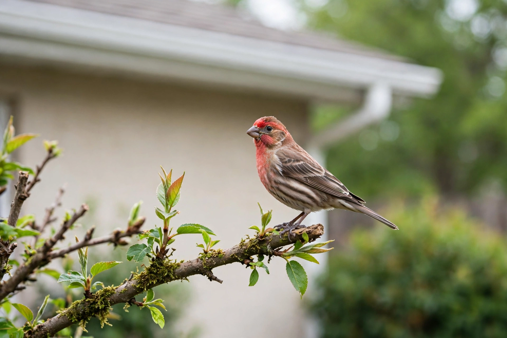 A male house finch perched on a branch near a house eave in a backyard.