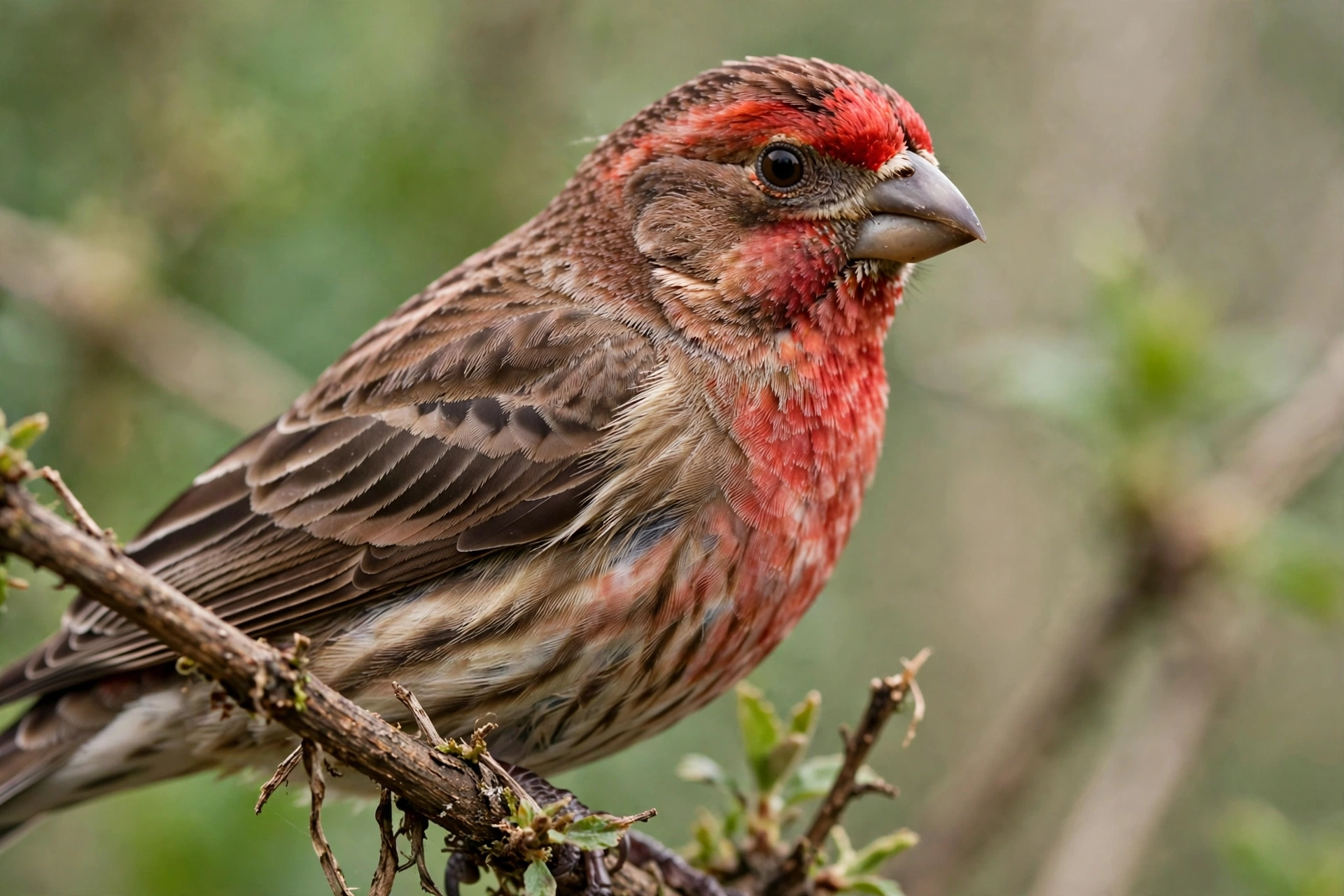 A male house finch in close view with red forehead, throat and upper breast and brown streaked back.