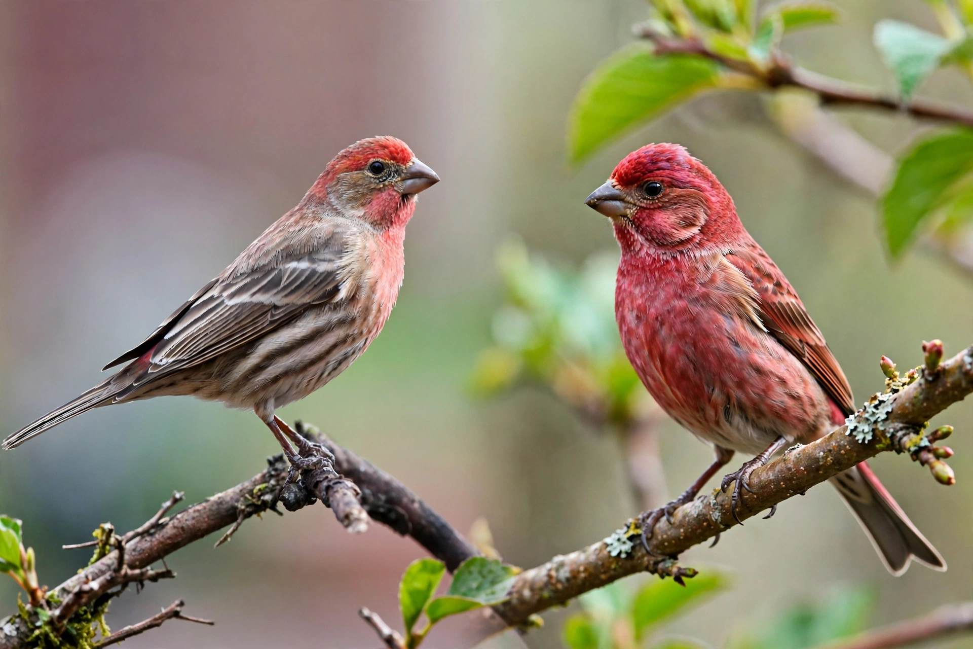 A house finch on the left with red limited to face and breast beside a purple finch on the right washed in raspberry-red.
