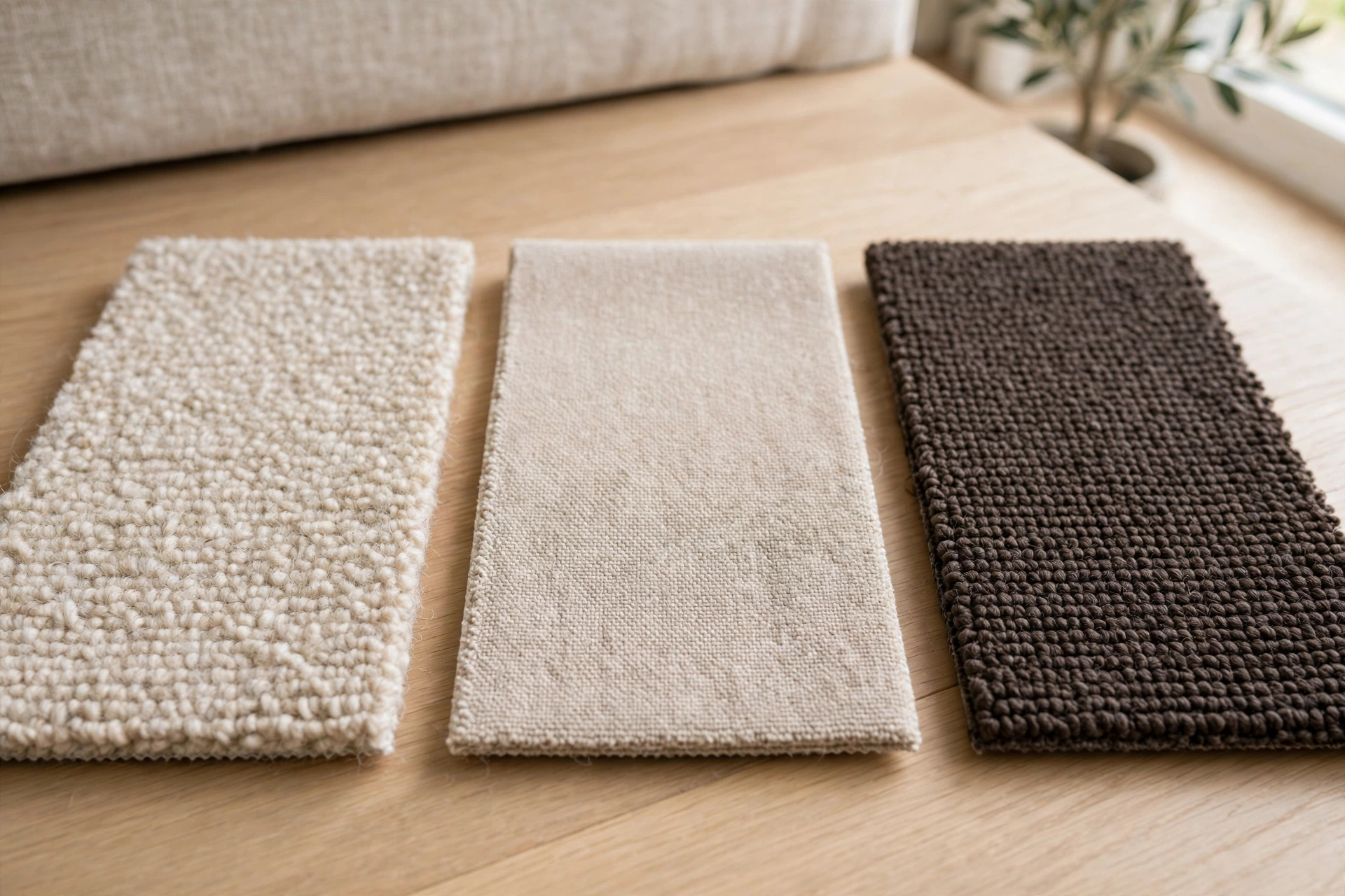 A close-up of different carpet fibre types in a bright living room.