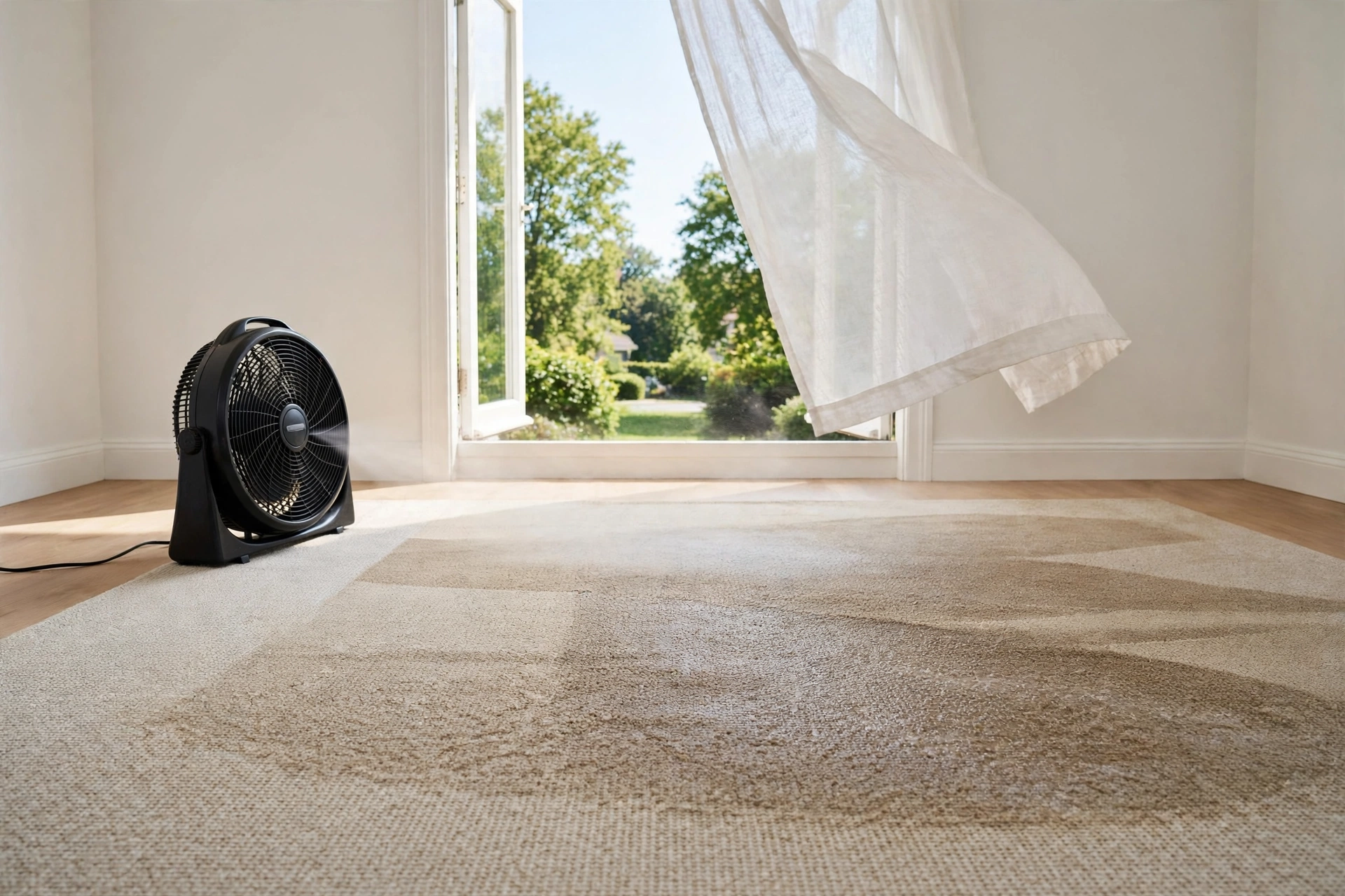 Drying carpet with airflow from an open window and a fan.