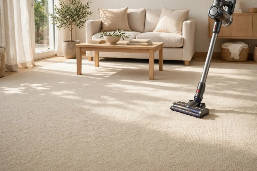 A clean, light-coloured living room carpet with sunlight, a vacuum cleaner nearby, and tidy furniture.