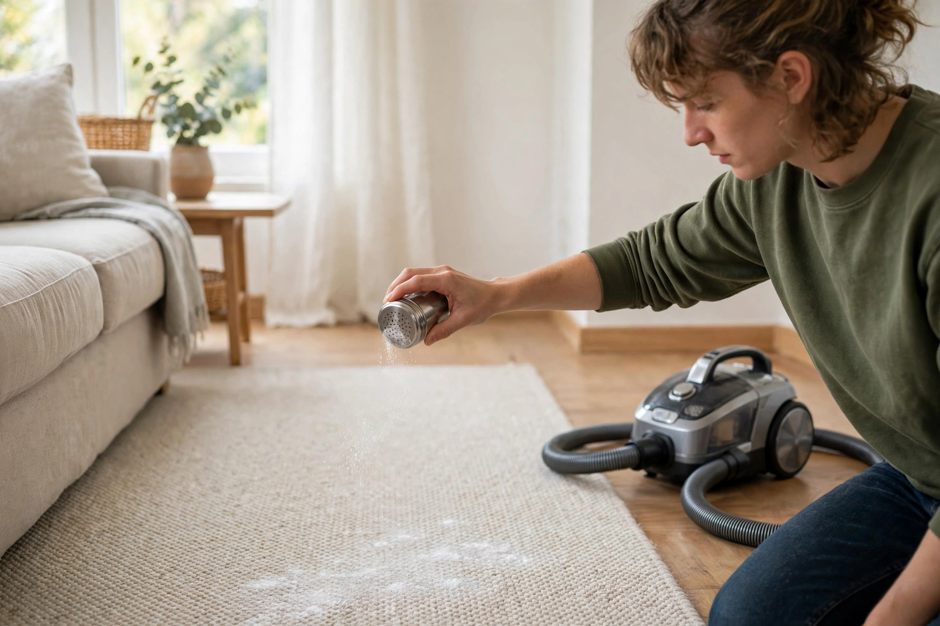 Refreshing carpet without a machine, with baking soda and a vacuum nearby.