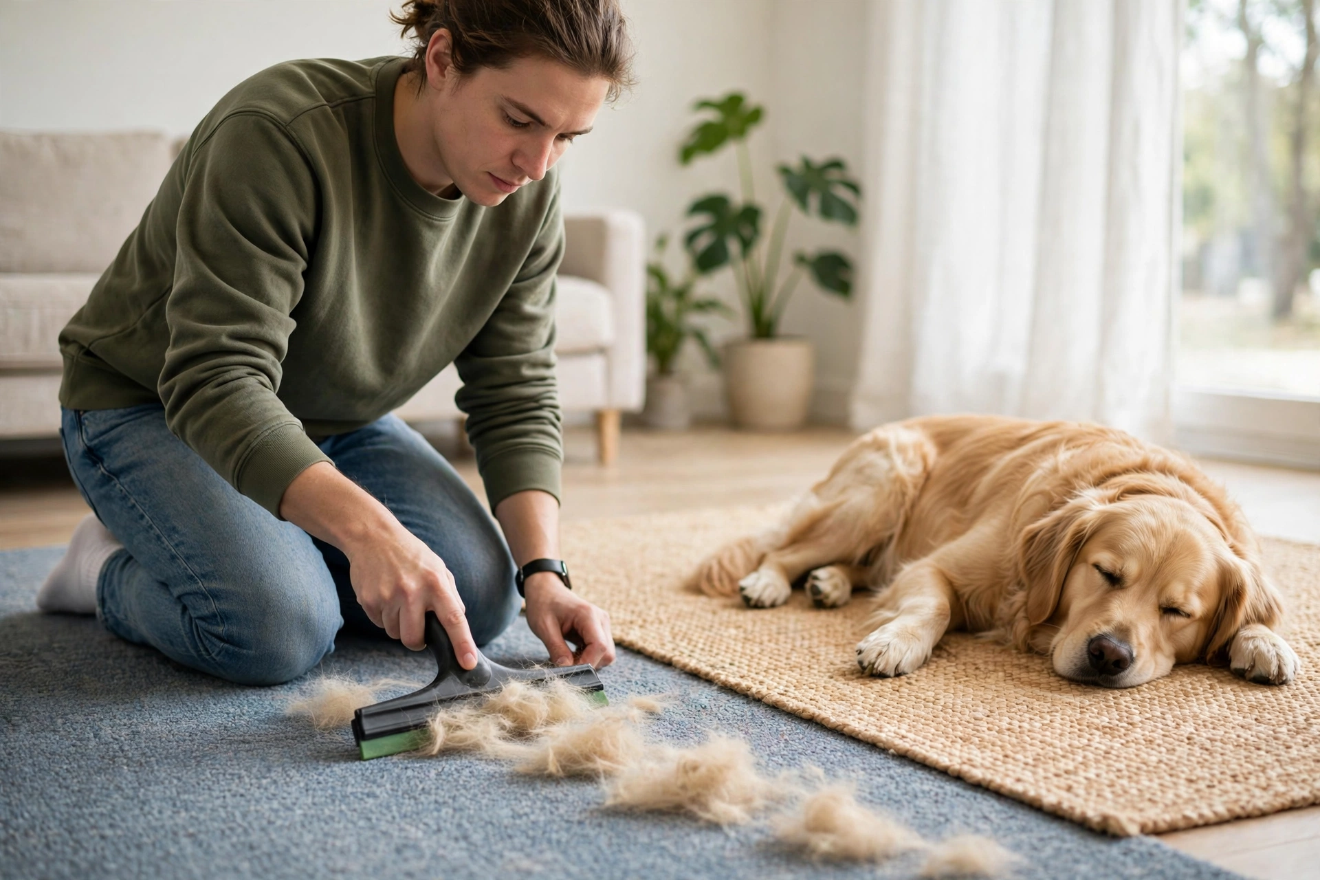 Removing pet hair from carpet with a vacuum brush tool.