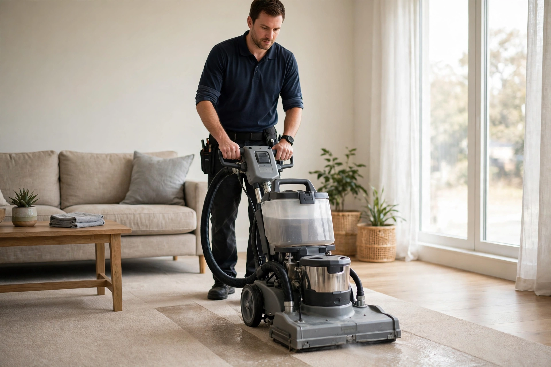 A professional carpet cleaner working on a large carpet area.