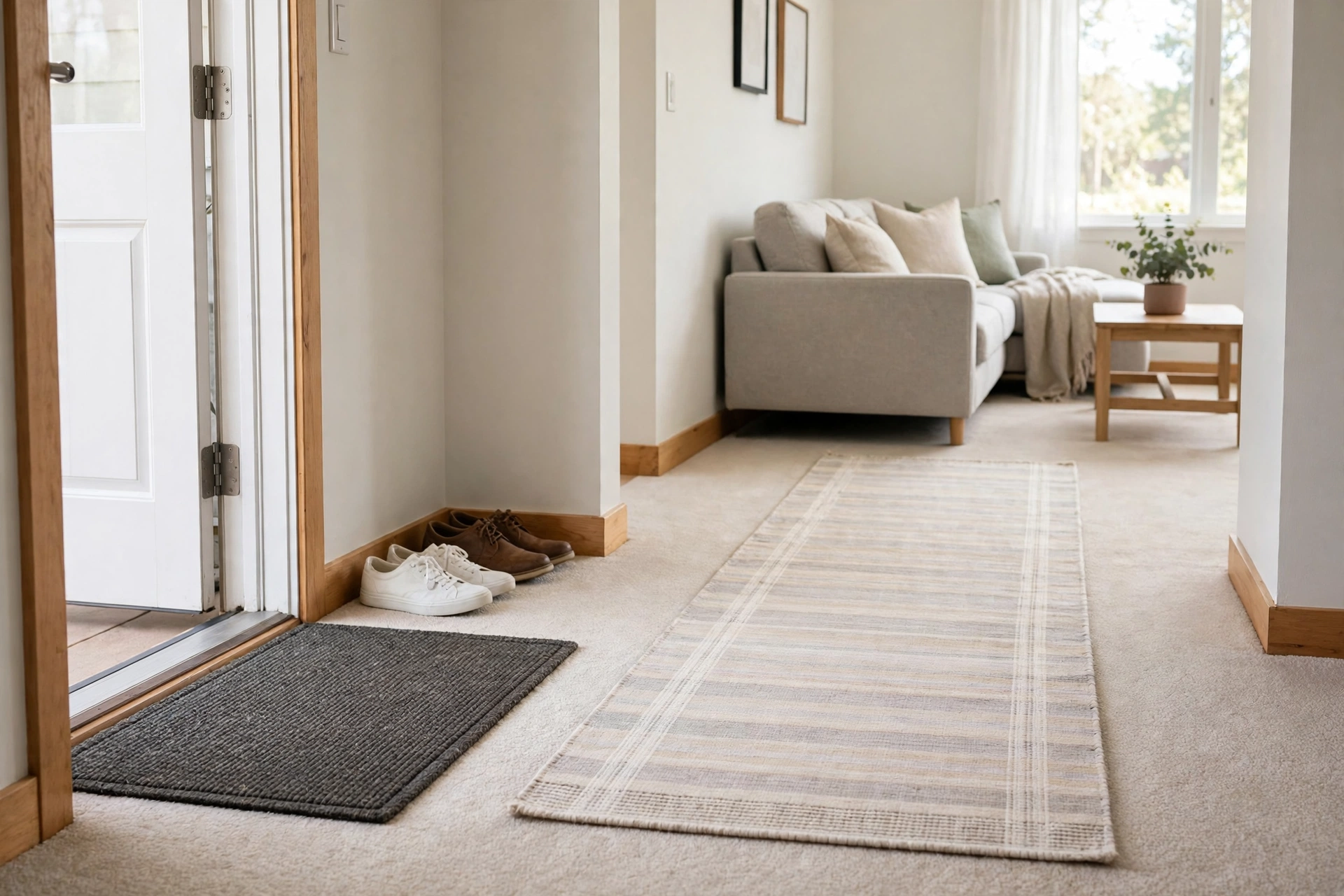 A protected, freshly cleaned carpet with a doormat at the entrance.