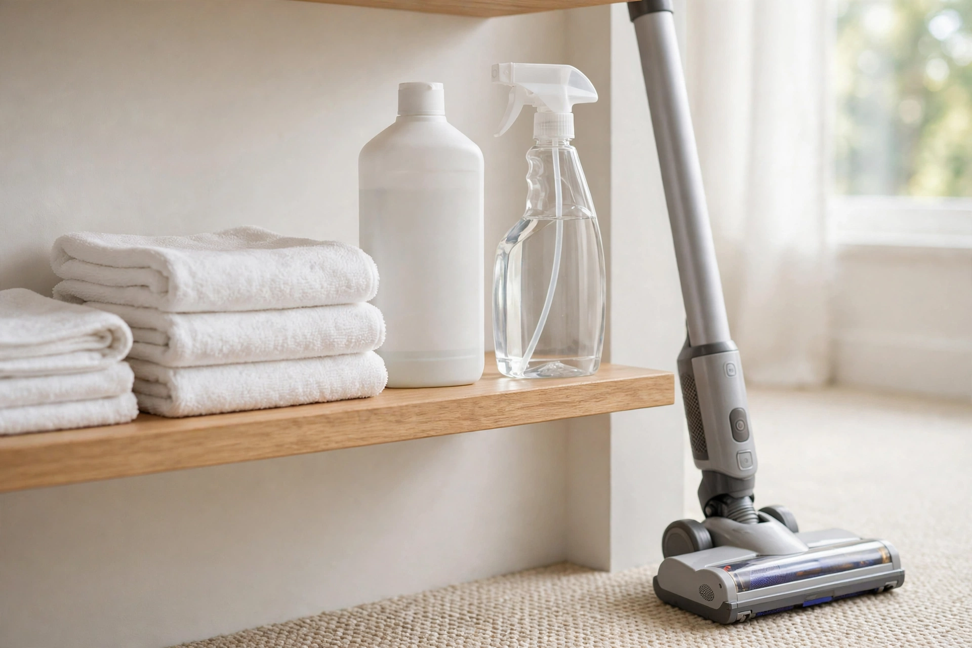 A simple weekly carpet cleaning routine with a vacuum and cloths ready.