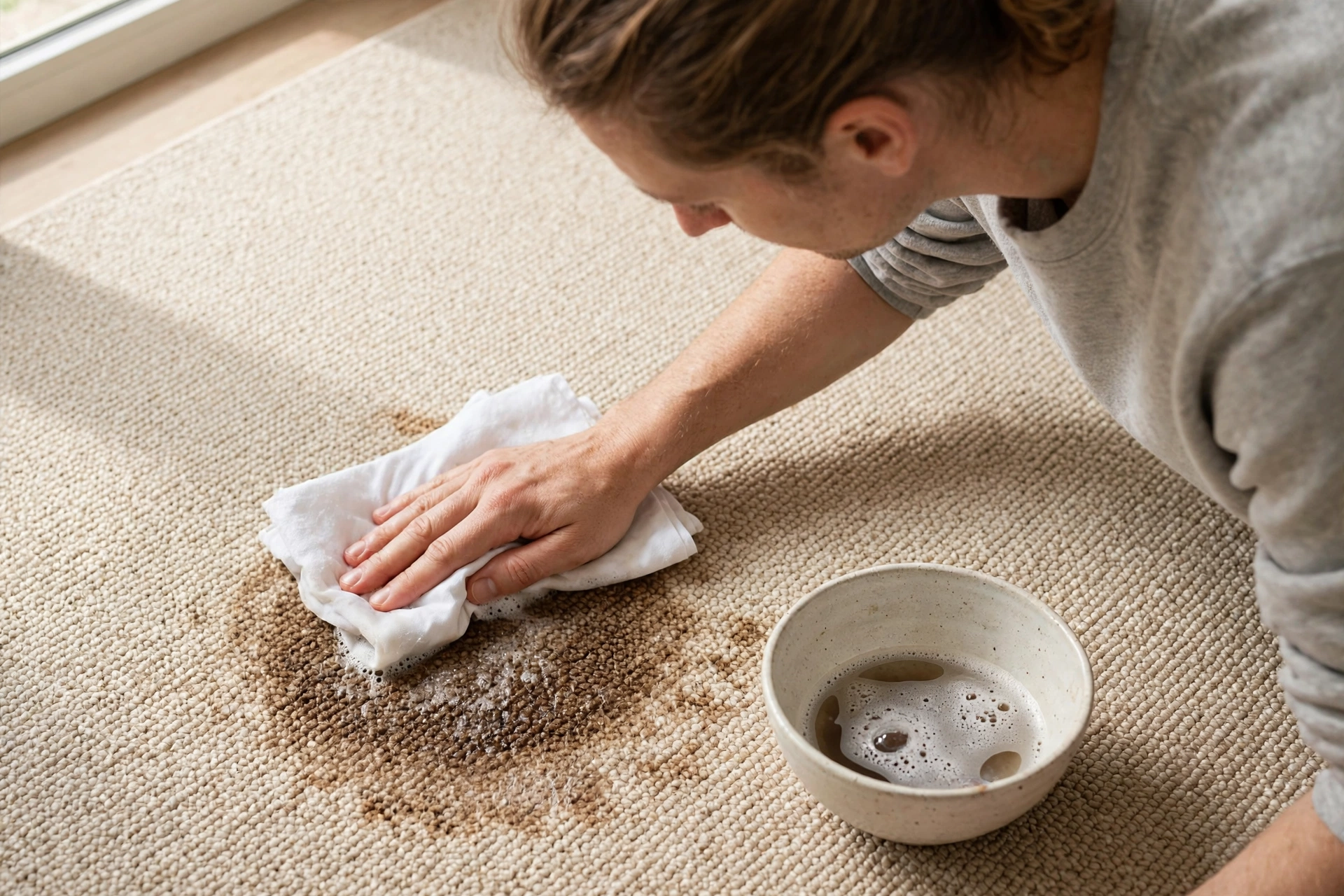 Treating a carpet stain step by step with a cloth and mild cleaner.