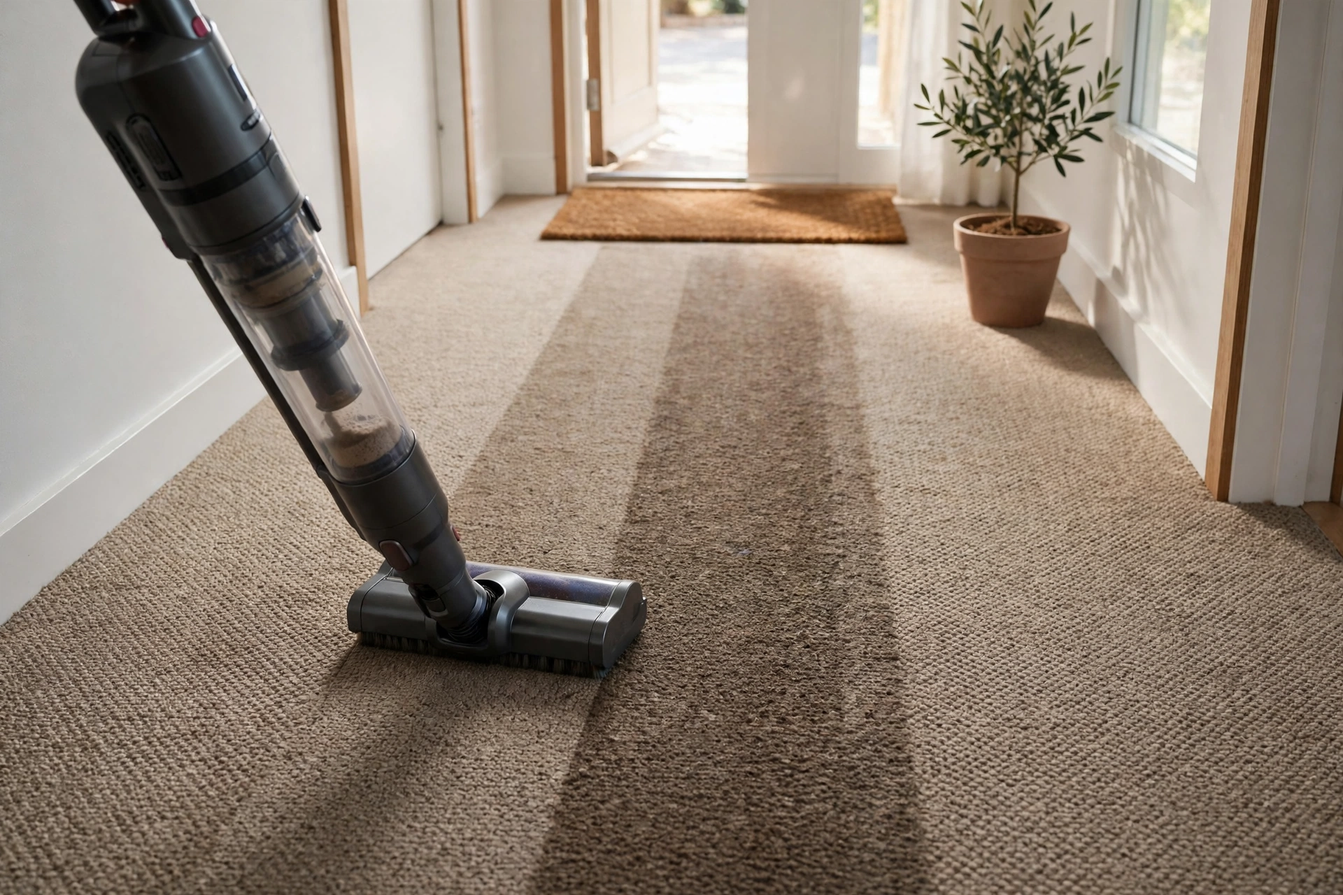 Cleaning a high-traffic carpet lane in a hallway.
