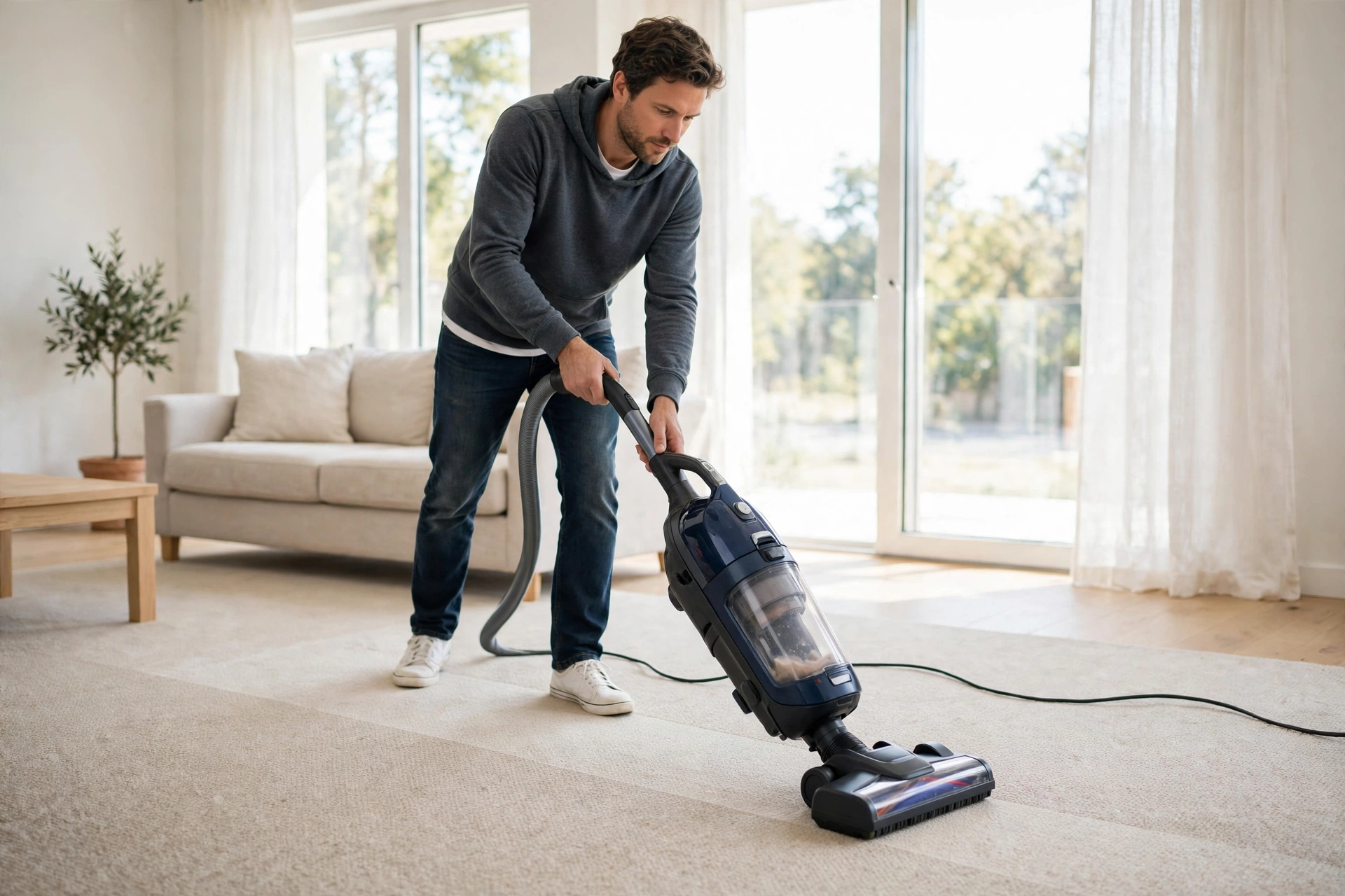 Vacuuming a carpet slowly in overlapping passes in a bright living room.