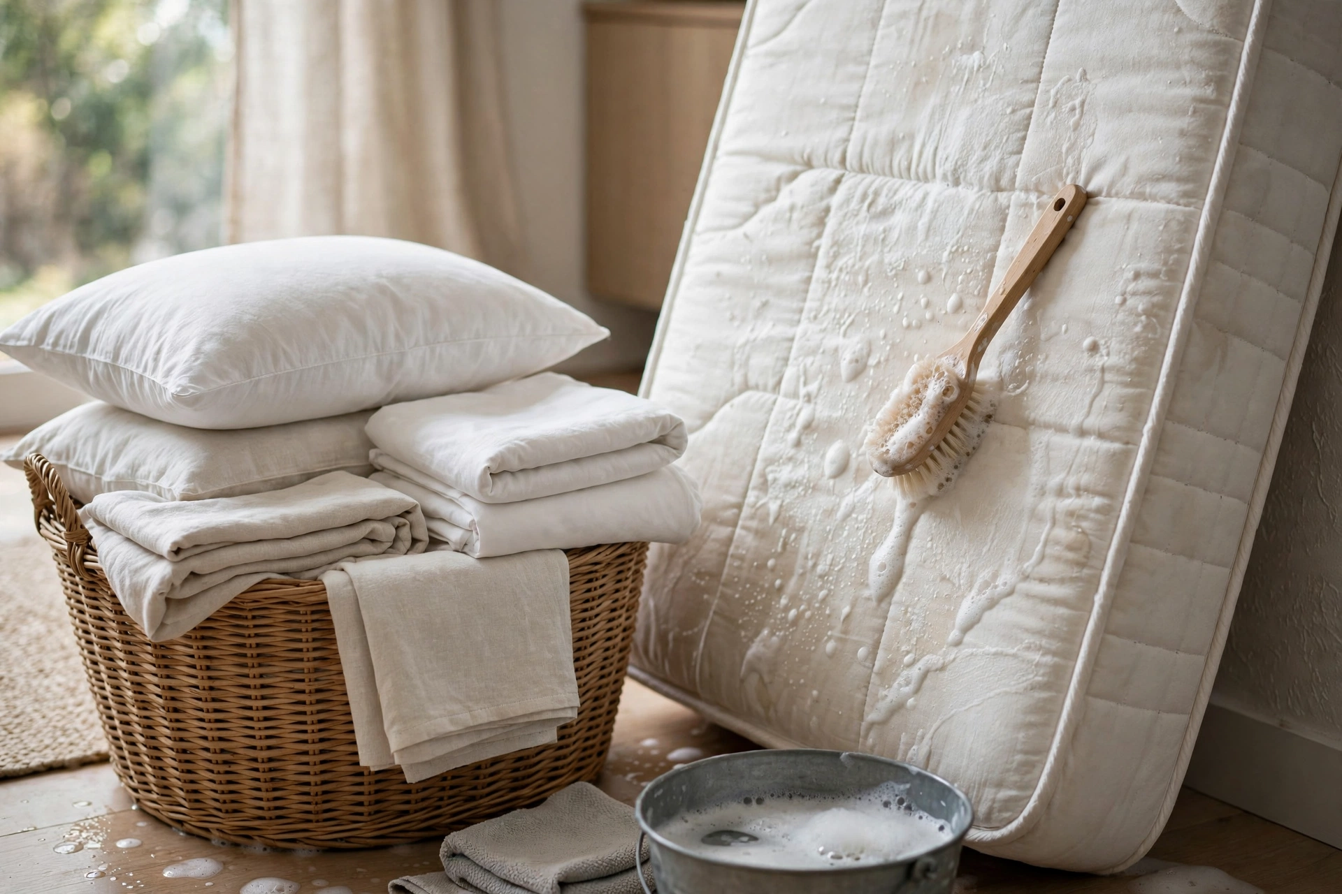 Washing pillows and bedding with the mattress.