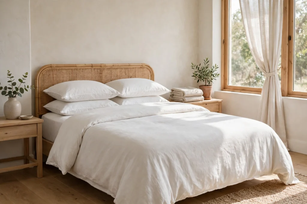 A bright, fresh clean mattress with tidy bedding and daylight.