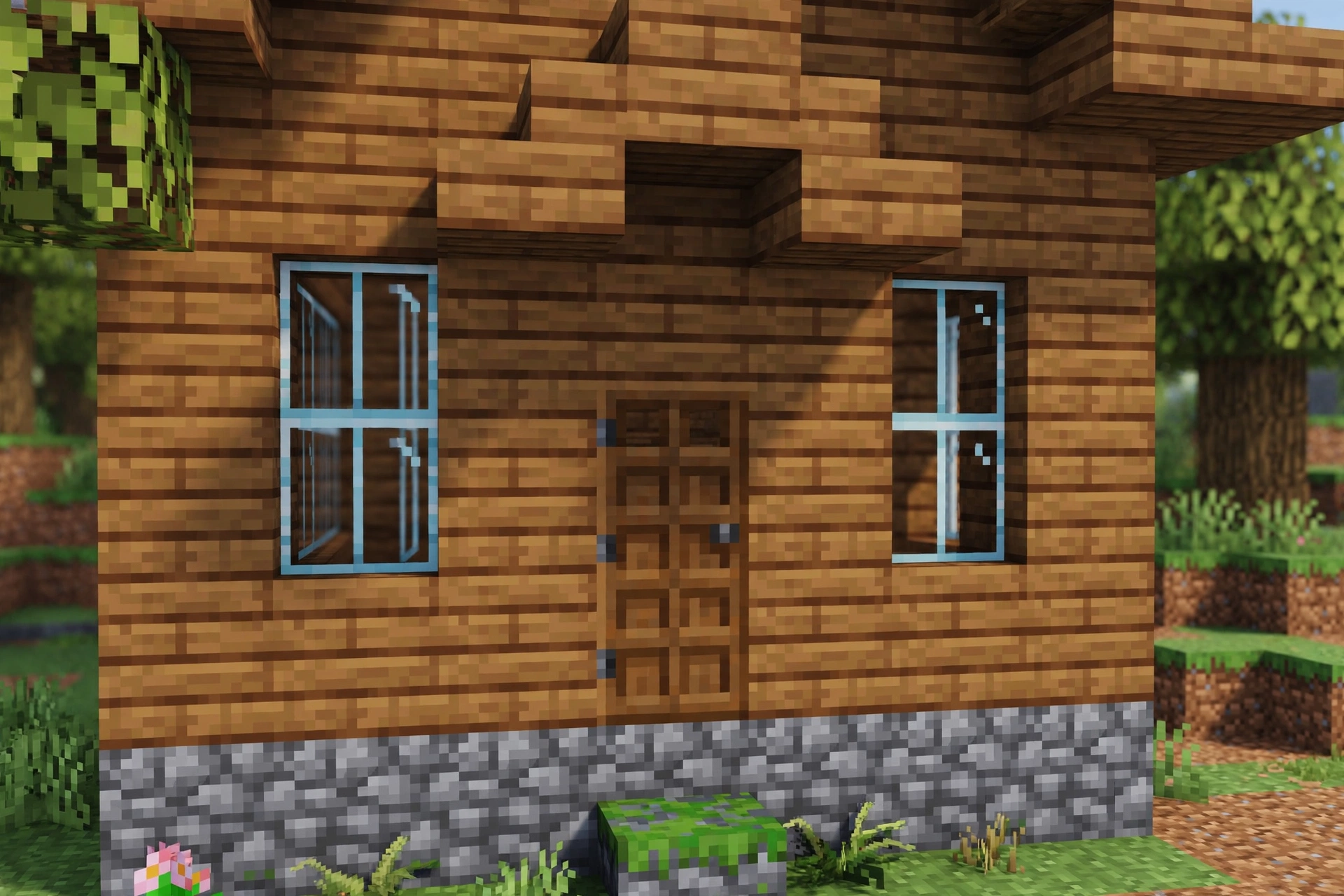 A Minecraft house entrance with a wooden door and glass pane windows.