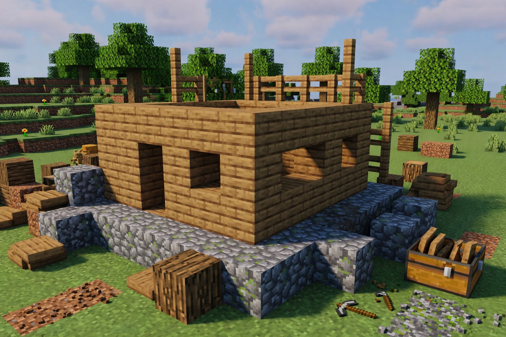 A Minecraft survival house under construction with cobblestone foundation and wooden plank walls.