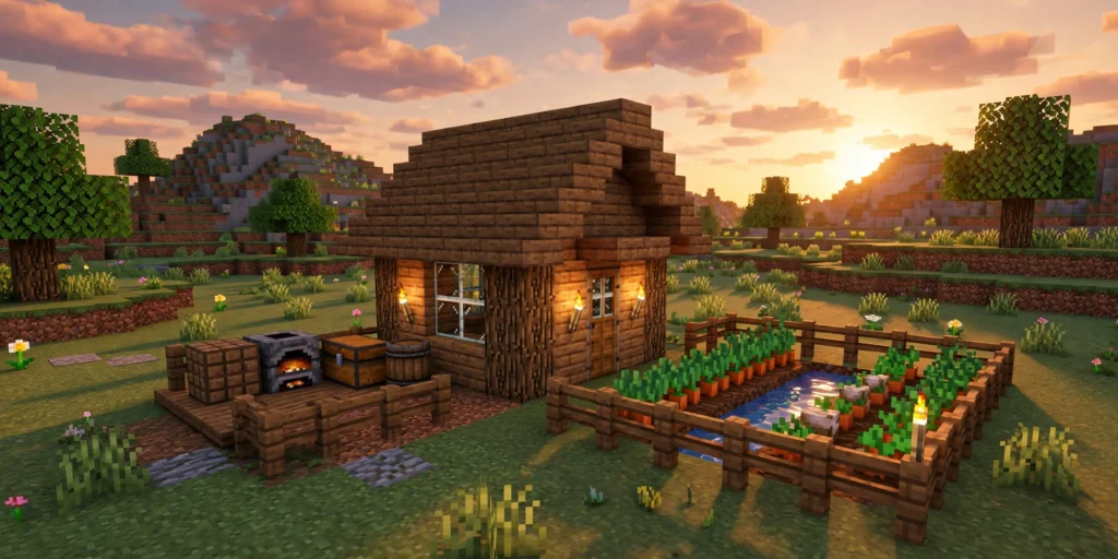 A small wooden Minecraft survival house with a sloped roof, torches, and a garden at sunset in a blocky landscape.