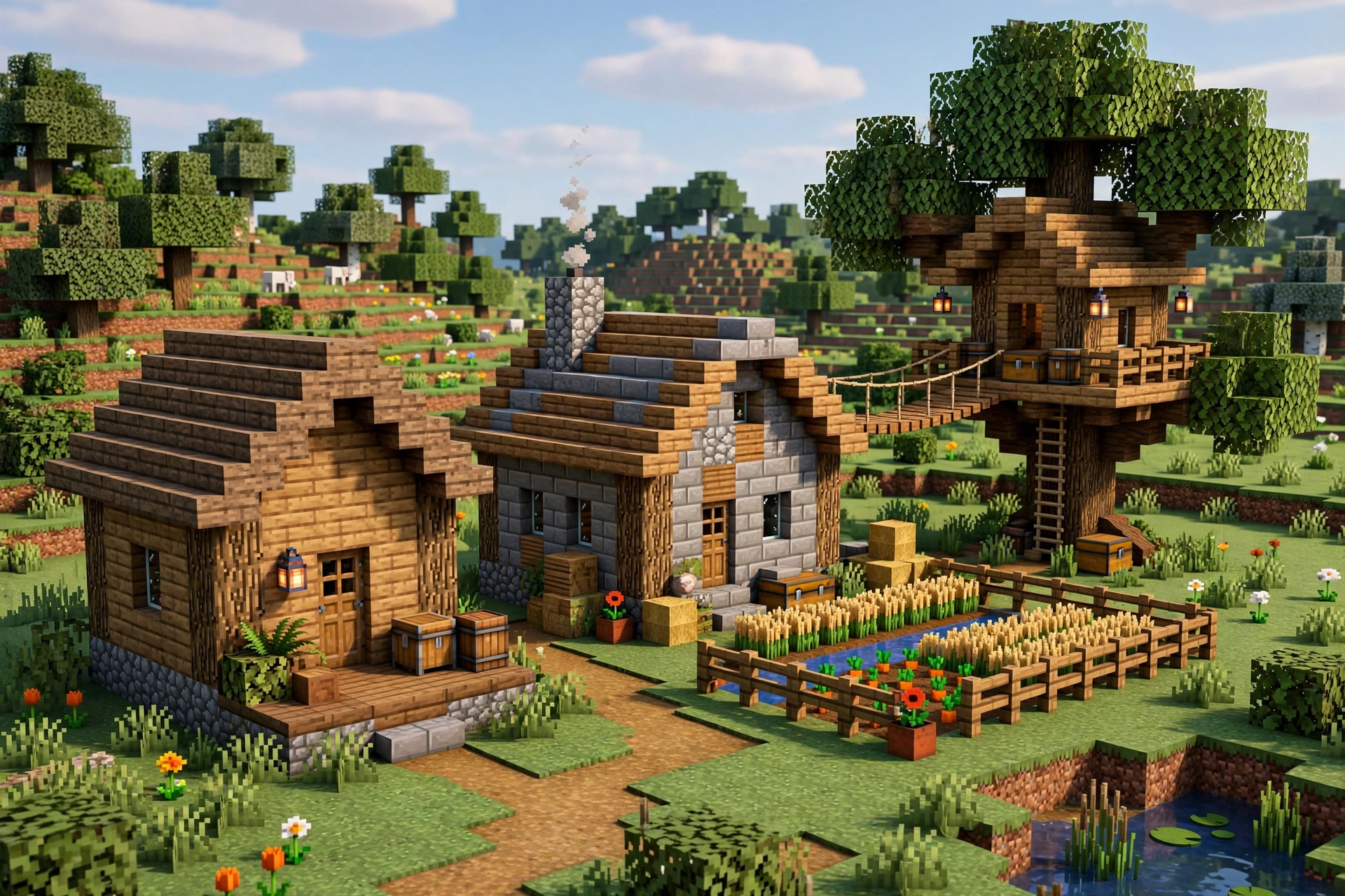 Minecraft house ideas showing a wooden cabin, a stone farmhouse, and a treehouse.