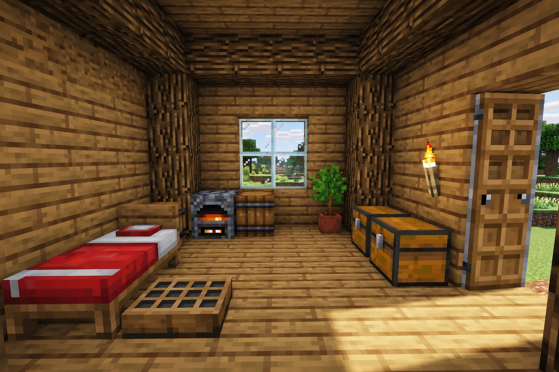 The inside of a Minecraft house with a bed, crafting table, furnace and storage chests.