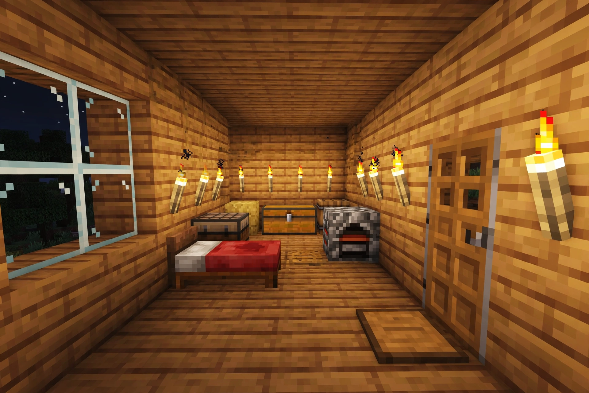 The inside of a Minecraft house at night lit by wall torches.