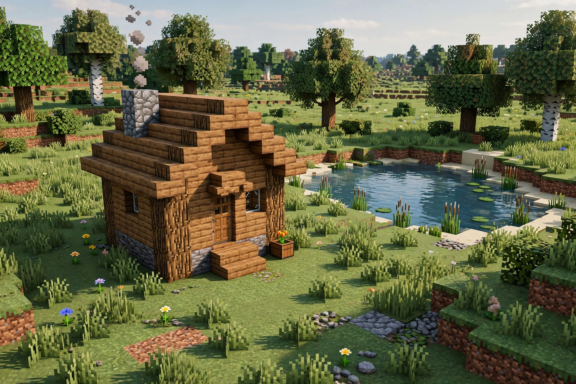 A Minecraft house on flat grassy plains near trees and a small lake.