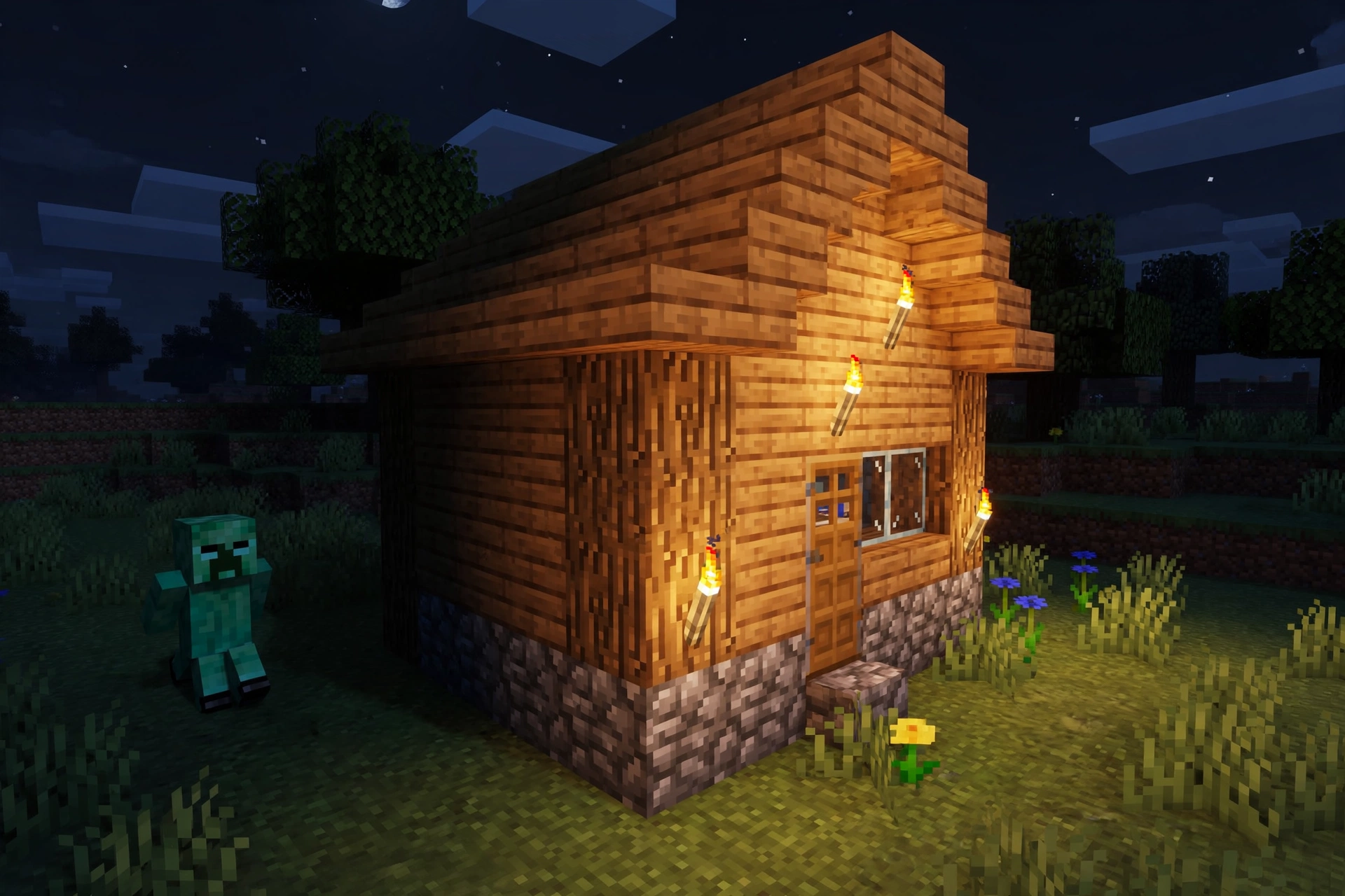 A Minecraft house at night with a creeper near a dark unlit corner.