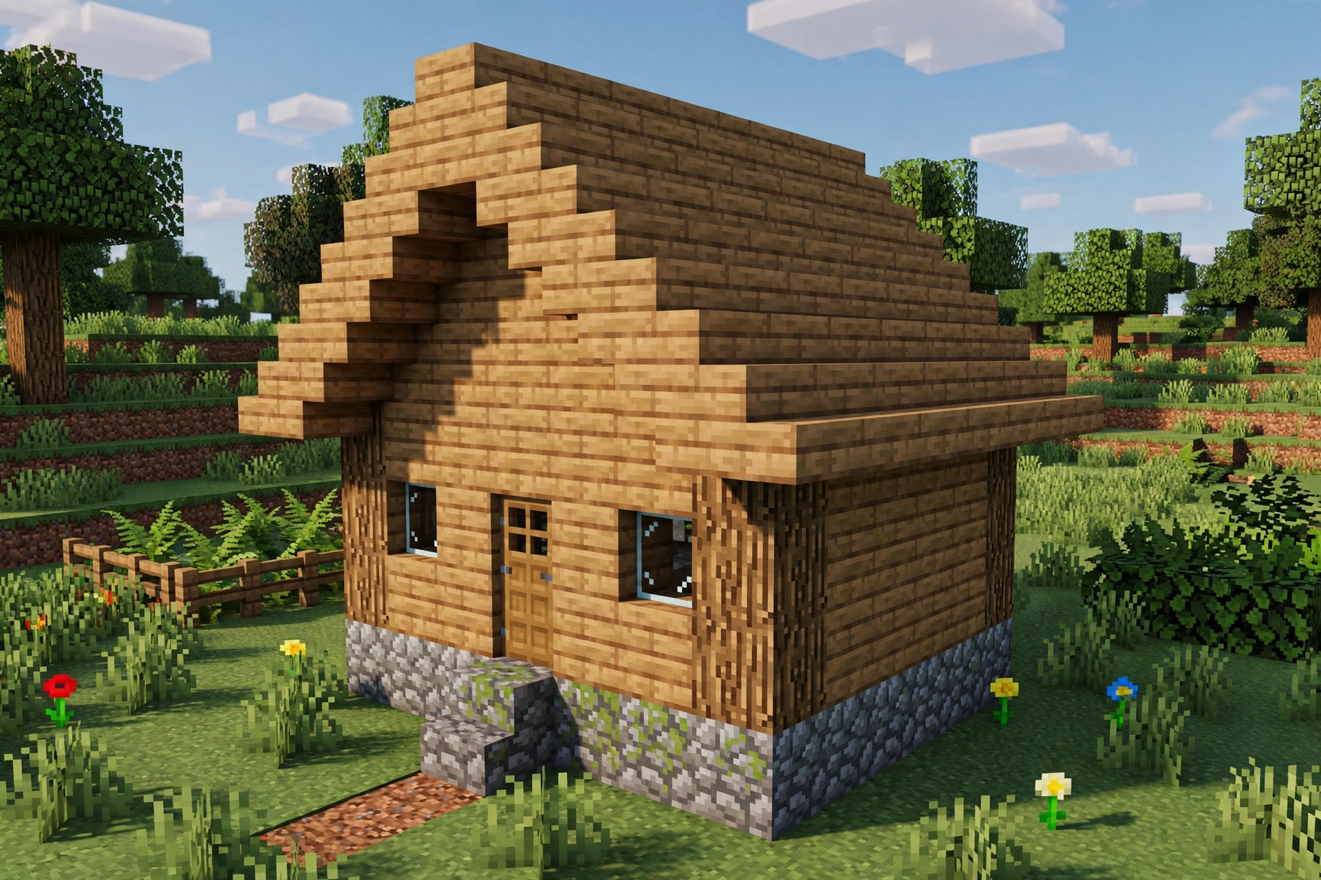 A Minecraft house with a complete sloped stairs roof overhanging the walls.