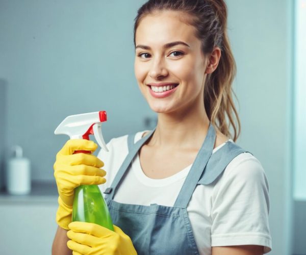 smiling woman holding spray bottle 1410957 82775